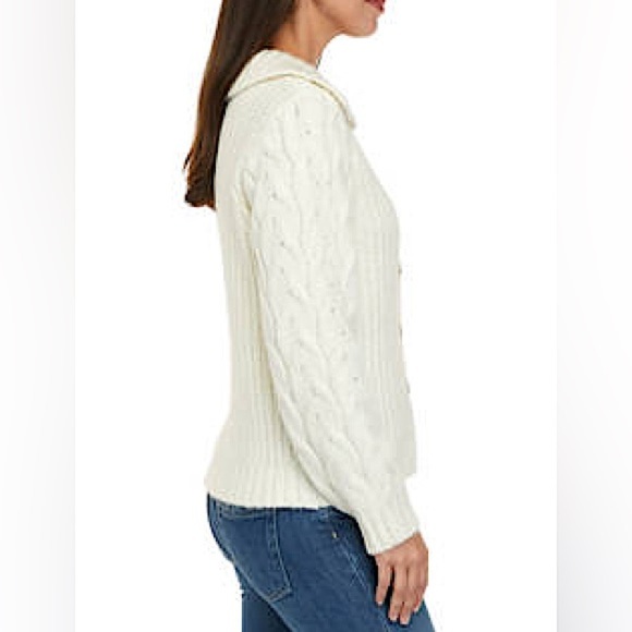 Wonderly Chunky Shawl Collar Cardigan White Cable Knit Sleeve Sweater Sz S - Picture 3 of 12